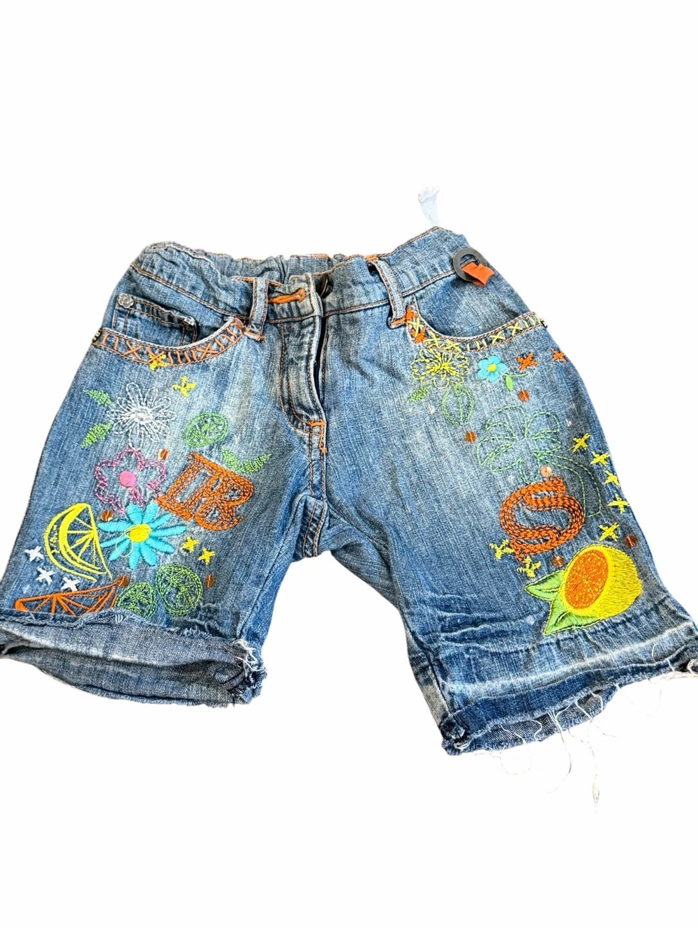 Red Sound, Embroidered Denim Shorts - Blue with Colorful Floral Design, Size 2/3
